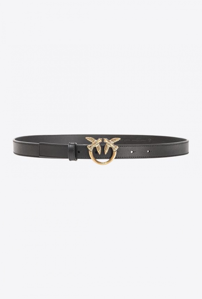 Pinko Love Birds Thin Læder Belt 2cm Černé Zlaté | SN-PKO34255