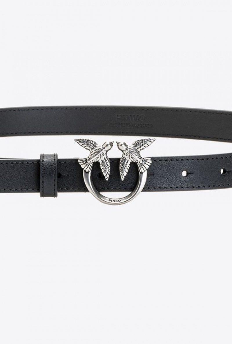 Pinko Love Birds Thin Læder Belt Černé Stříbrné | SN-PKO34195