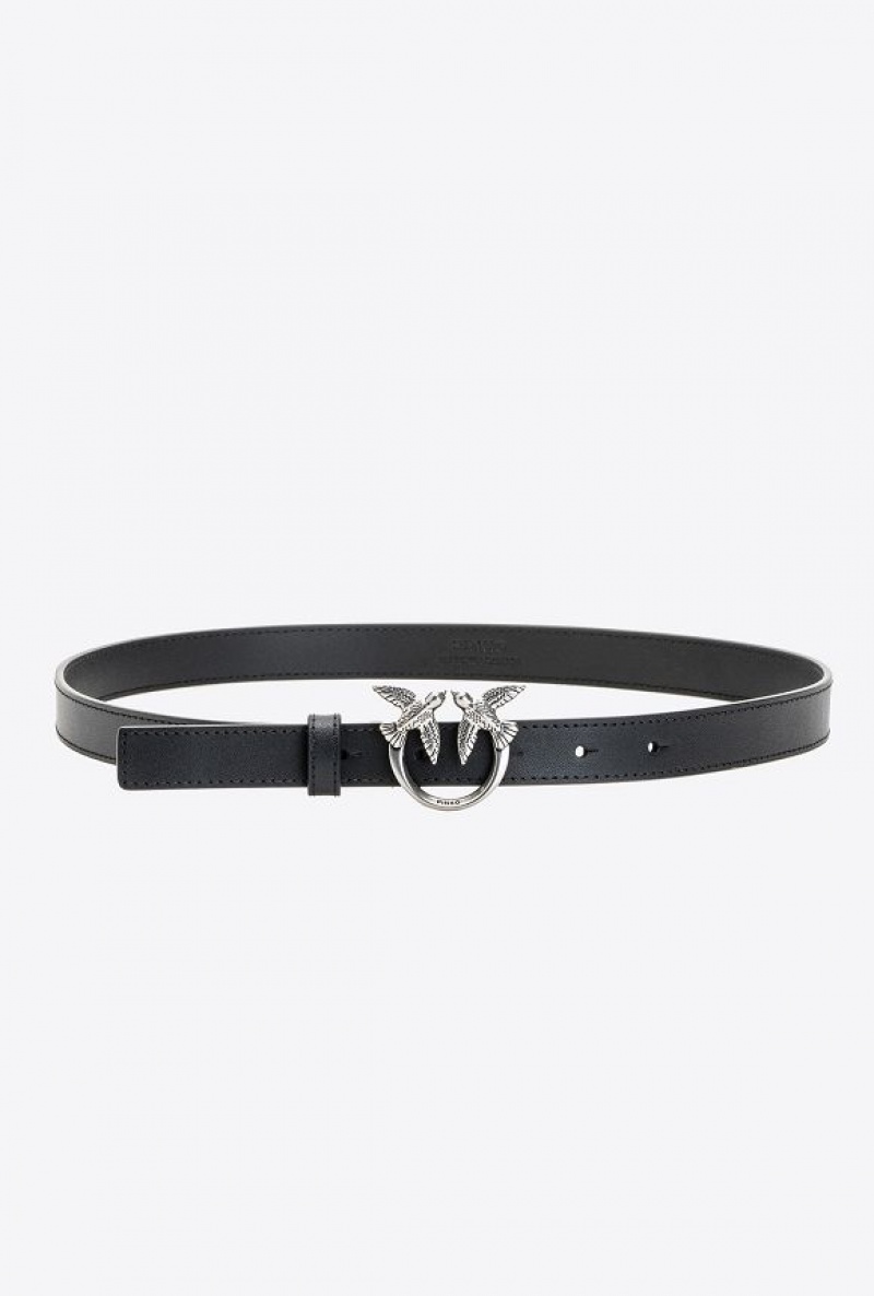 Pinko Love Birds Thin Læder Belt Černé Stříbrné | SN-PKO34195