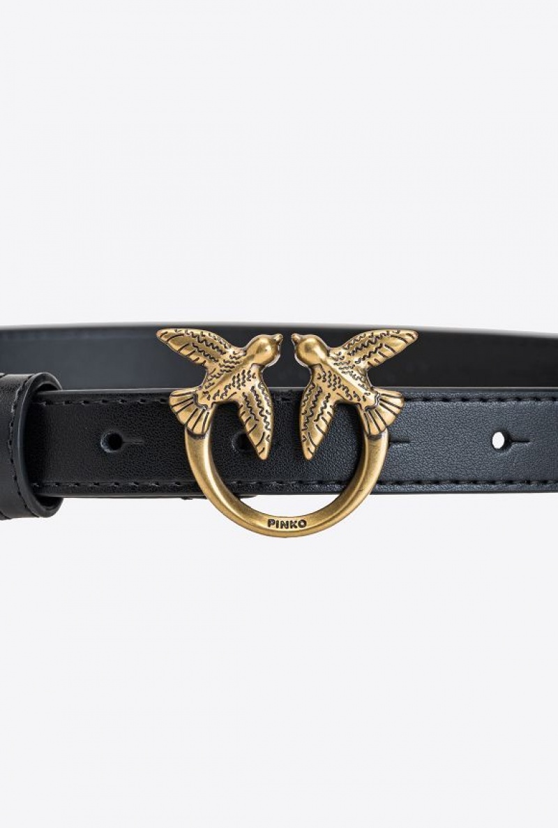 Pinko Love Birds Thin Læder Belt Černé Zlaté | SN-PKO34198