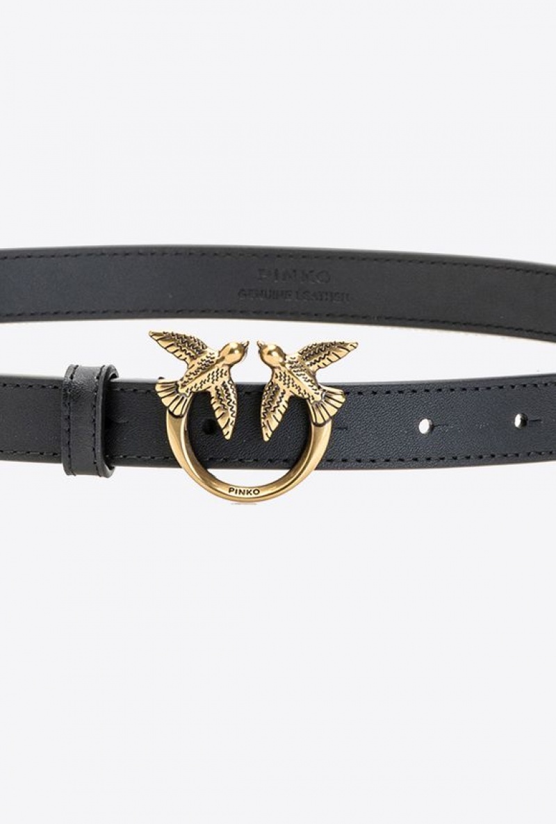 Pinko Love Birds Thin Læder Belt Černé Zlaté | SN-PKO34199