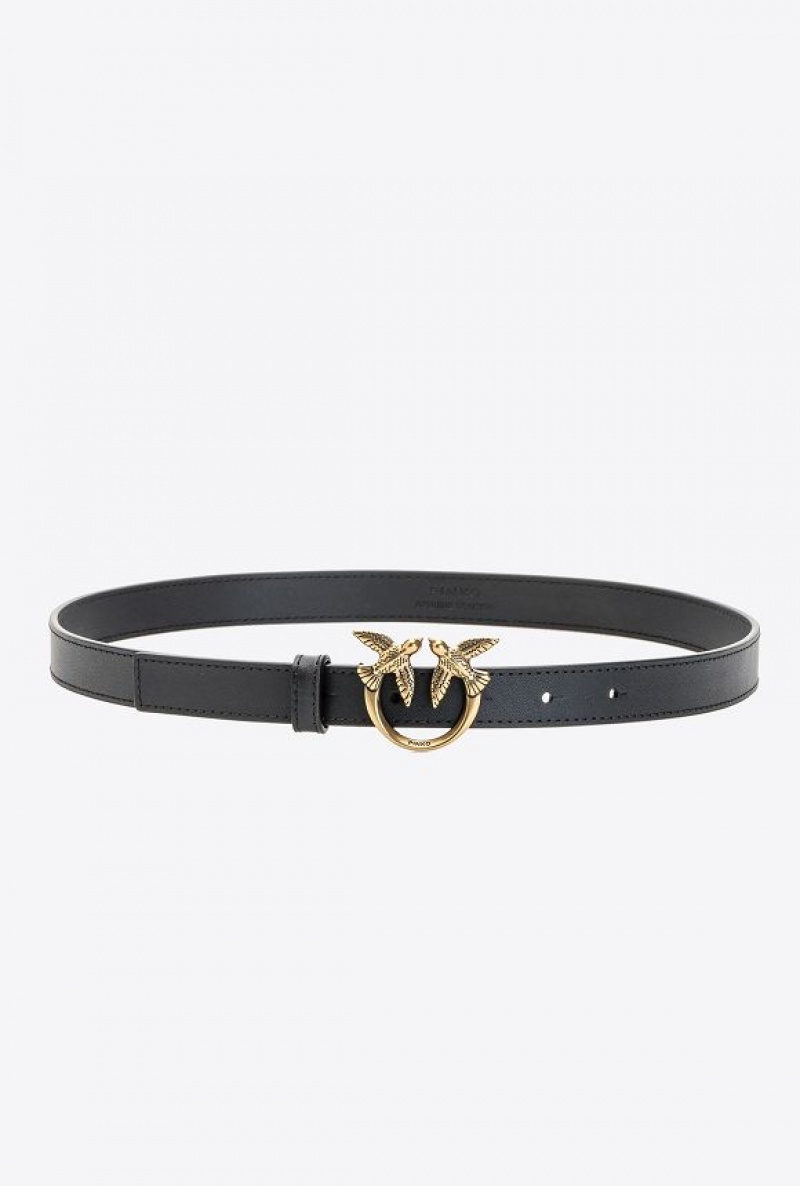 Pinko Love Birds Thin Læder Belt Černé Zlaté | SN-PKO34199