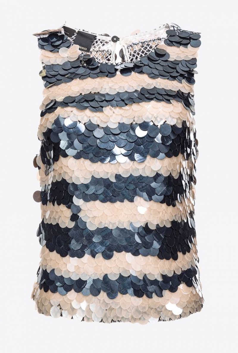 Pinko Mesh Top With Sequin Stripes Černé | SN-PKO33229