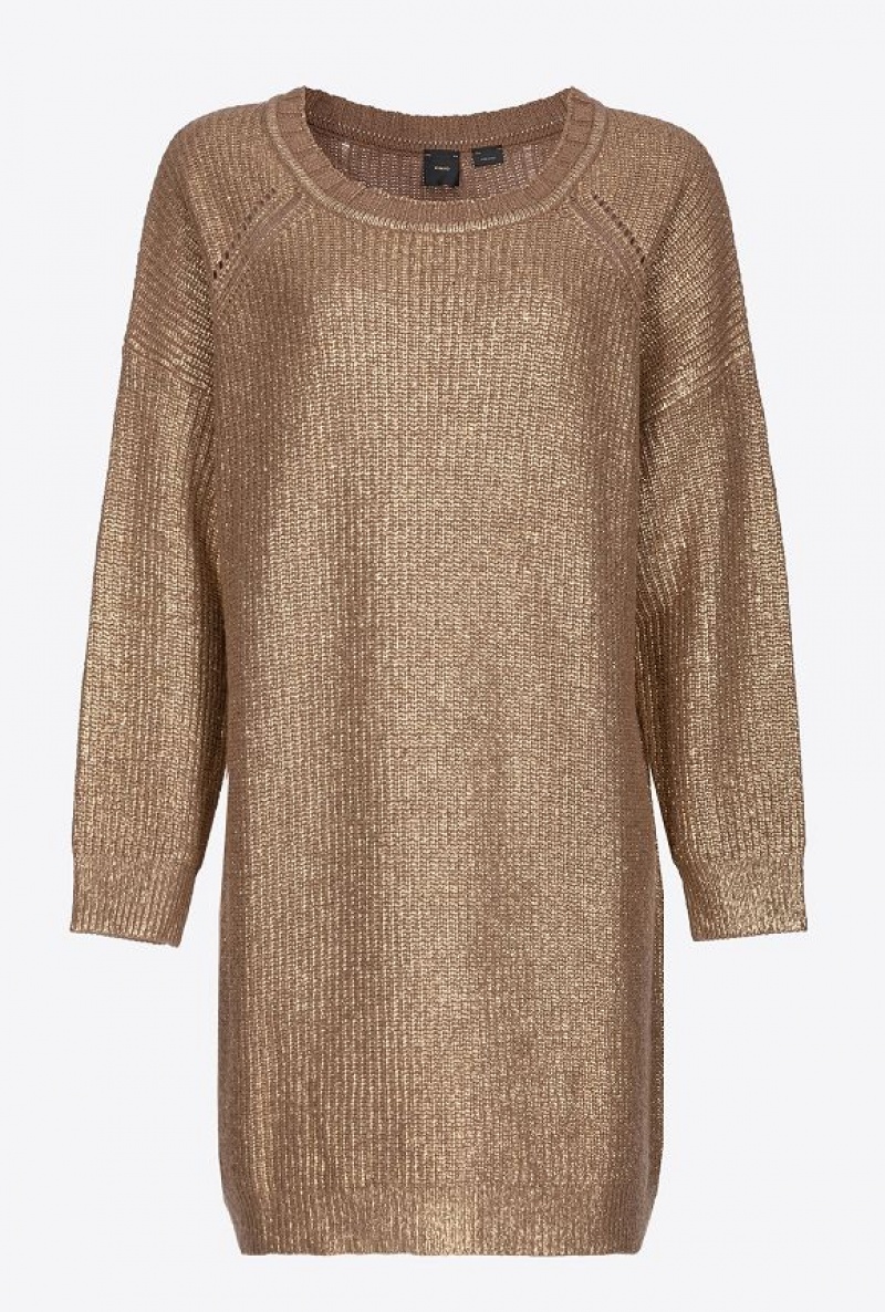 Pinko Metallic Knit Šaty Béžový Zlaté | SN-PKO33021