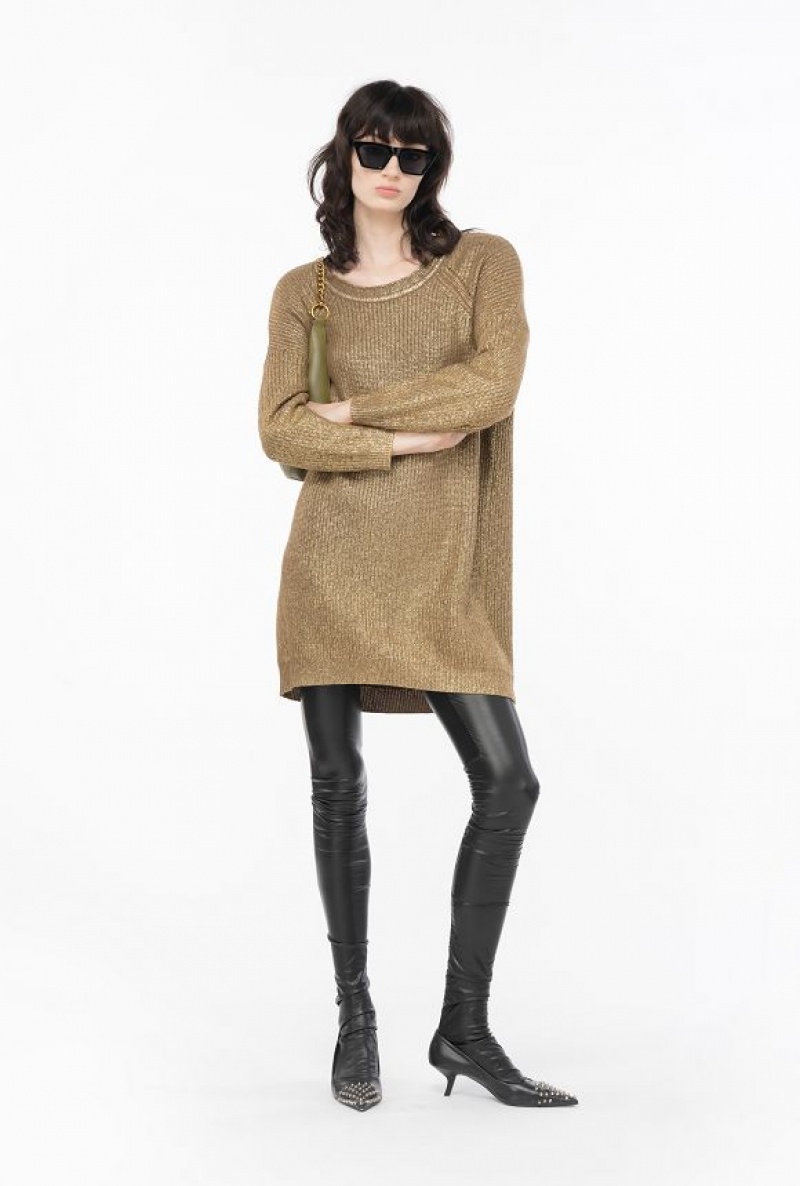 Pinko Metallic Knit Šaty Béžový Zlaté | SN-PKO33021