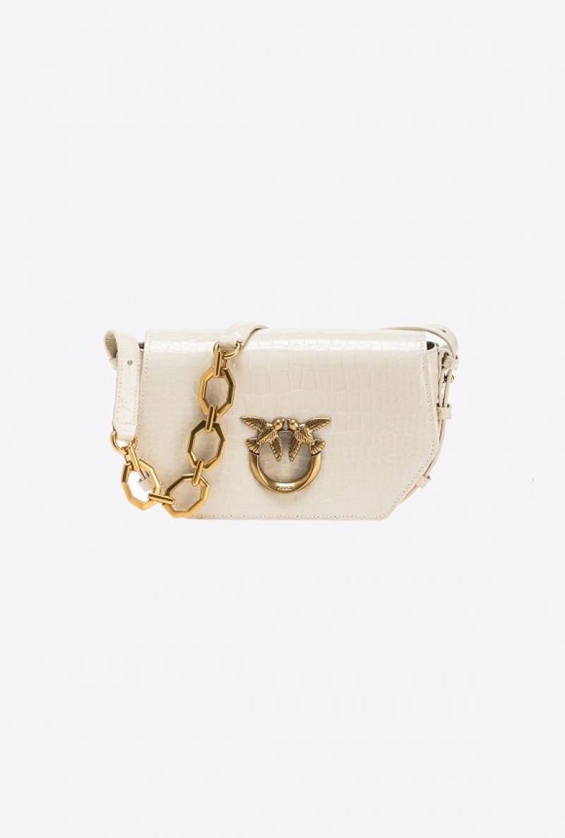 Pinko Mini Love Bag Click Exagon In Lakovaná Crocodile-print Læder Bílé Bílé Zlaté | SN-PKO32435