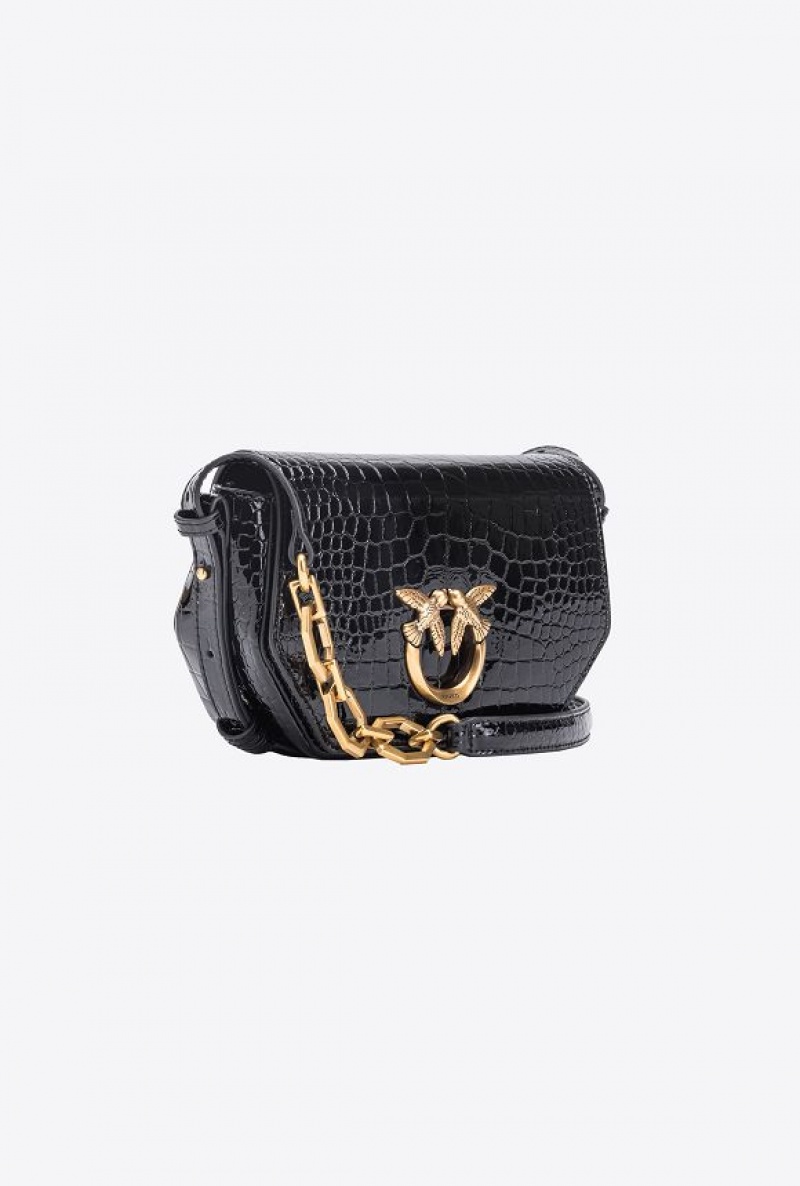 Pinko Mini Love Bag Click Exagon In Lakovaná Crocodile-print Læder Černé Zlaté | SN-PKO32436