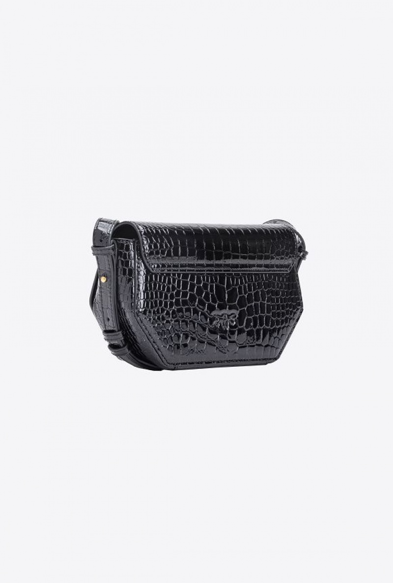 Pinko Mini Love Bag Click Exagon In Lakovaná Crocodile-print Læder Černé Zlaté | SN-PKO32436