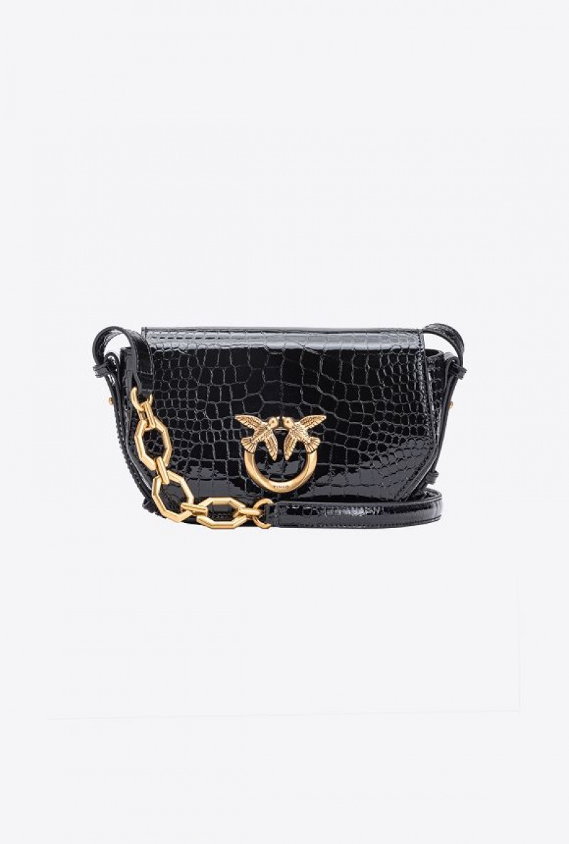 Pinko Mini Love Bag Click Exagon In Lakovaná Crocodile-print Læder Černé Zlaté | SN-PKO32436