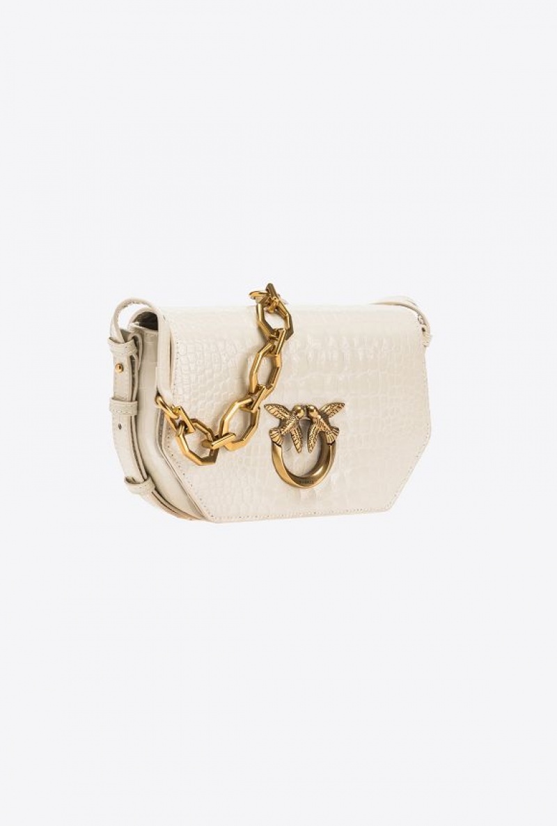 Pinko Mini Love Bag Click Exagon In Lakovaná Crocodile-print Læder Bílé Bílé Zlaté | SN-PKO32713