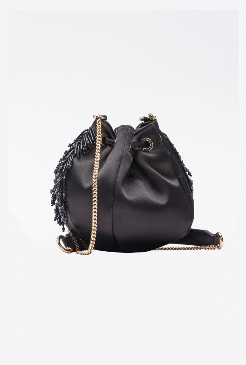 Pinko Mini Satchel Bag In Satin With Fringe Černé Zlaté | SN-PKO32563