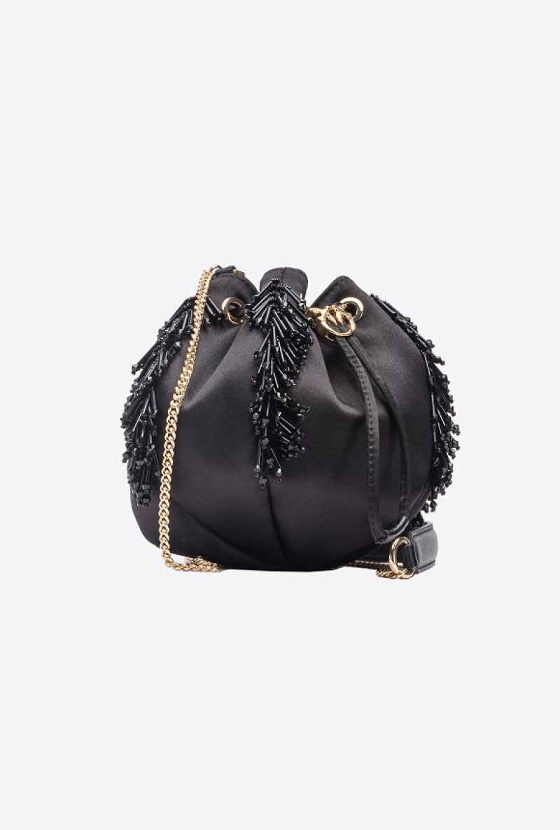 Pinko Mini Satchel Bag In Satin With Fringe Černé Zlaté | SN-PKO32563