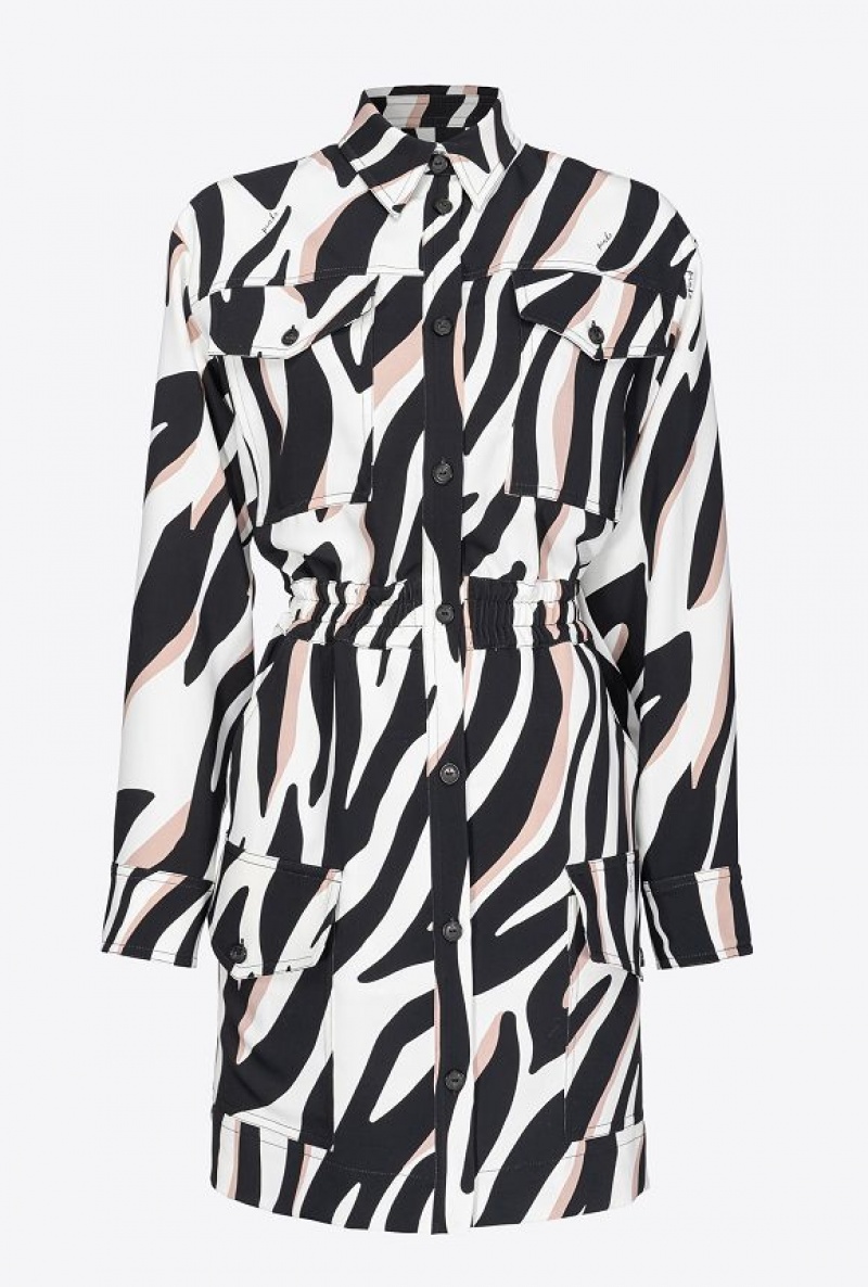 Pinko Mini Shirt Šaty With Psychedelic Zebra Print Bílé Černé Béžový | SN-PKO33101