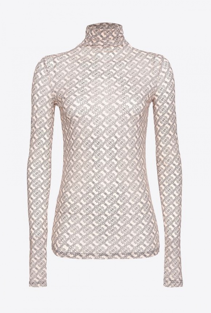 Pinko Mock-turtleneck Svetrové With Logo Print Bílé Černé | SN-PKO33515