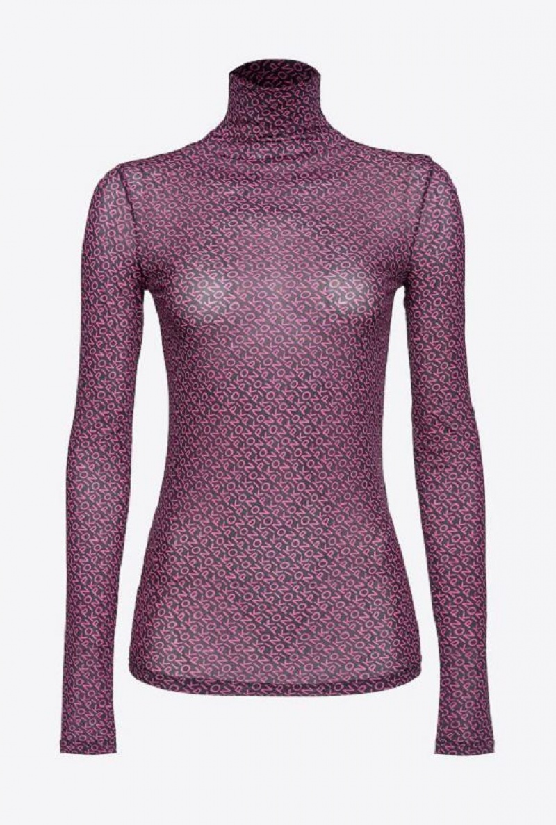 Pinko Mock-turtleneck Svetrové With Logo Print Černé Růžové | SN-PKO33527