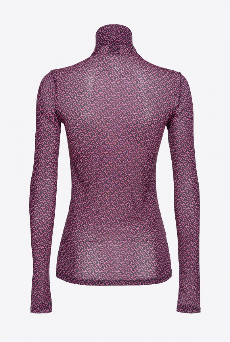 Pinko Mock-turtleneck Svetrové With Logo Print Černé Růžové | SN-PKO33527