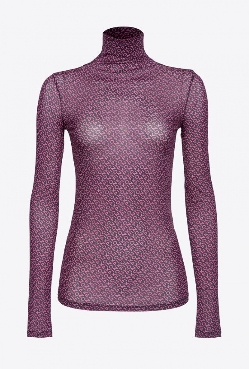 Pinko Mock-turtleneck Svetrové With Logo Print Černé Růžové | SN-PKO33839