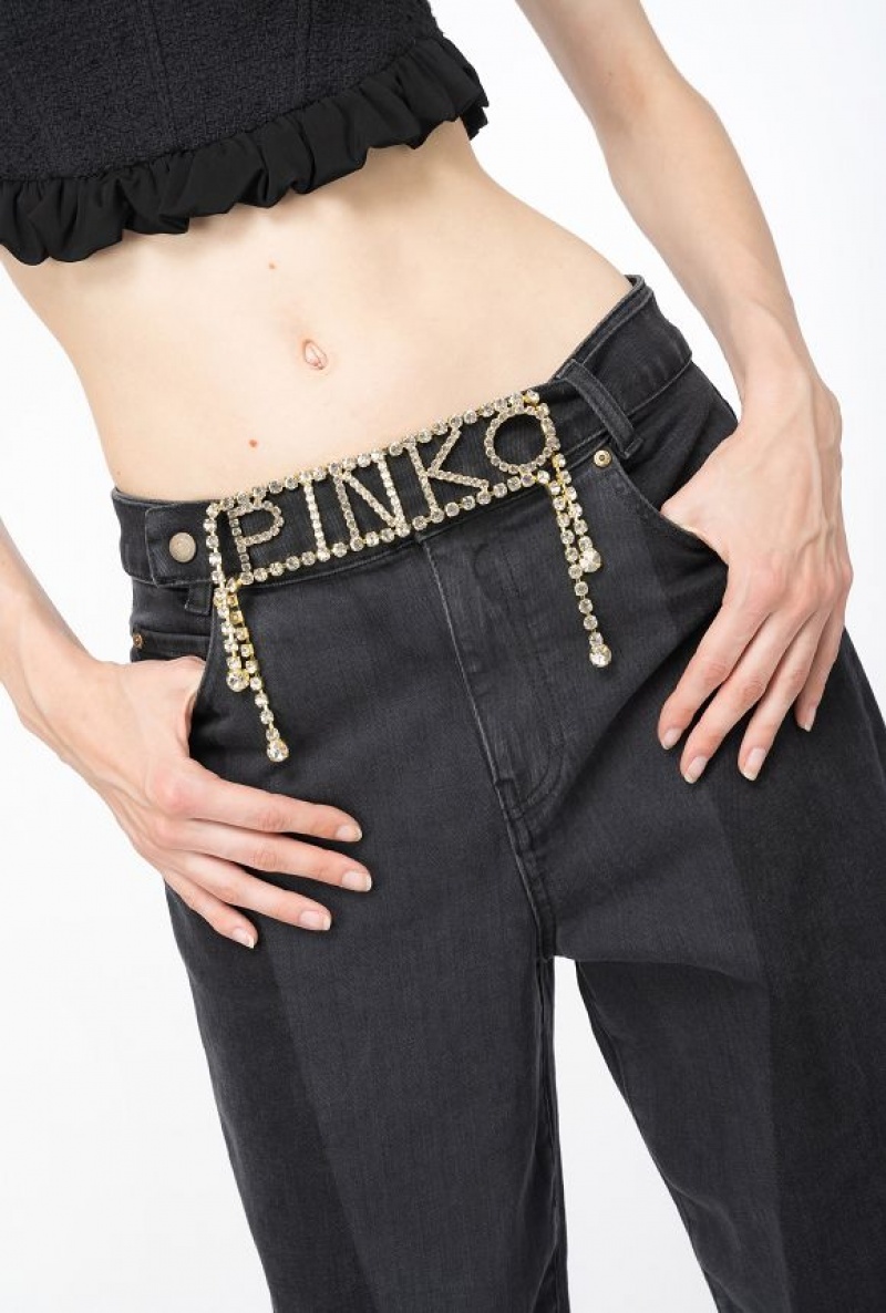 Pinko Mom-fit Black Denim Jeans With Rhinestone Logo Šedé Černé | SN-PKO34021