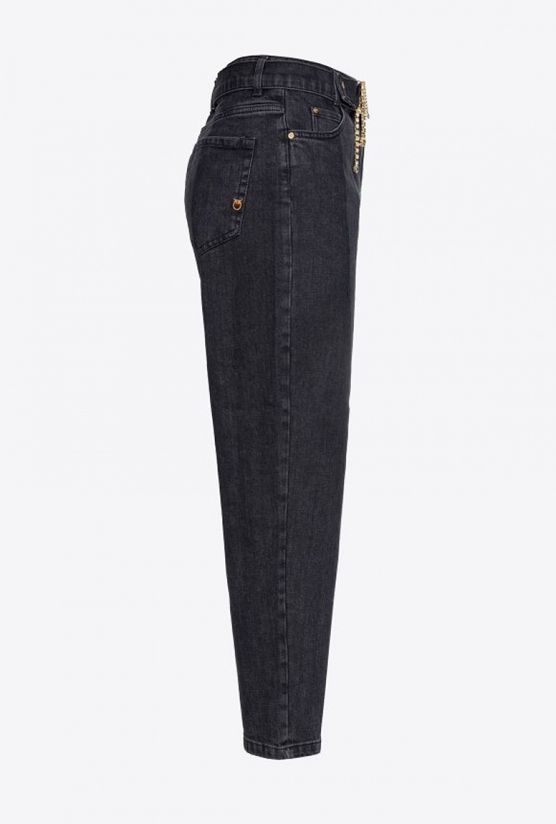 Pinko Mom-fit Black Denim Jeans With Rhinestone Logo Šedé Černé | SN-PKO34021