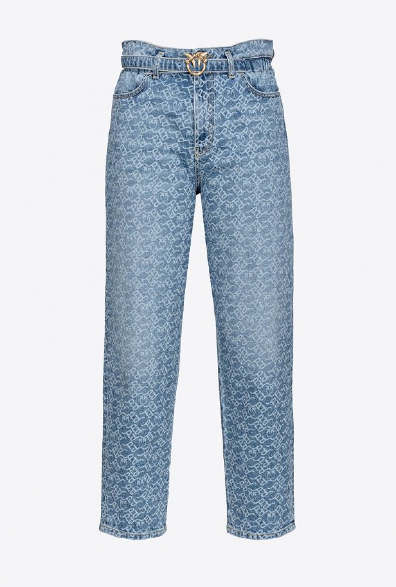 Pinko Mom-fit Denim Jeans With Logo Bílé Tmavě Blankyt | SN-PKO34001