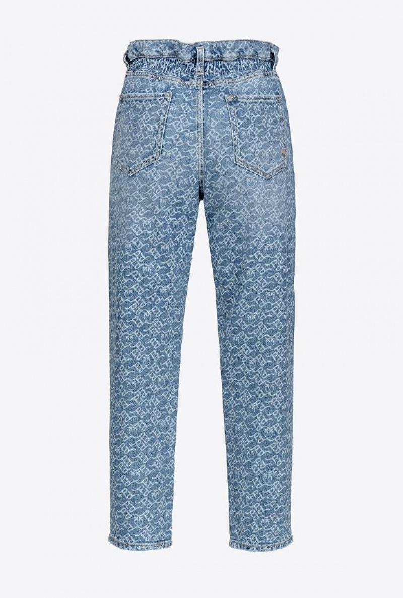 Pinko Mom-fit Denim Jeans With Logo Bílé Tmavě Blankyt | SN-PKO34001