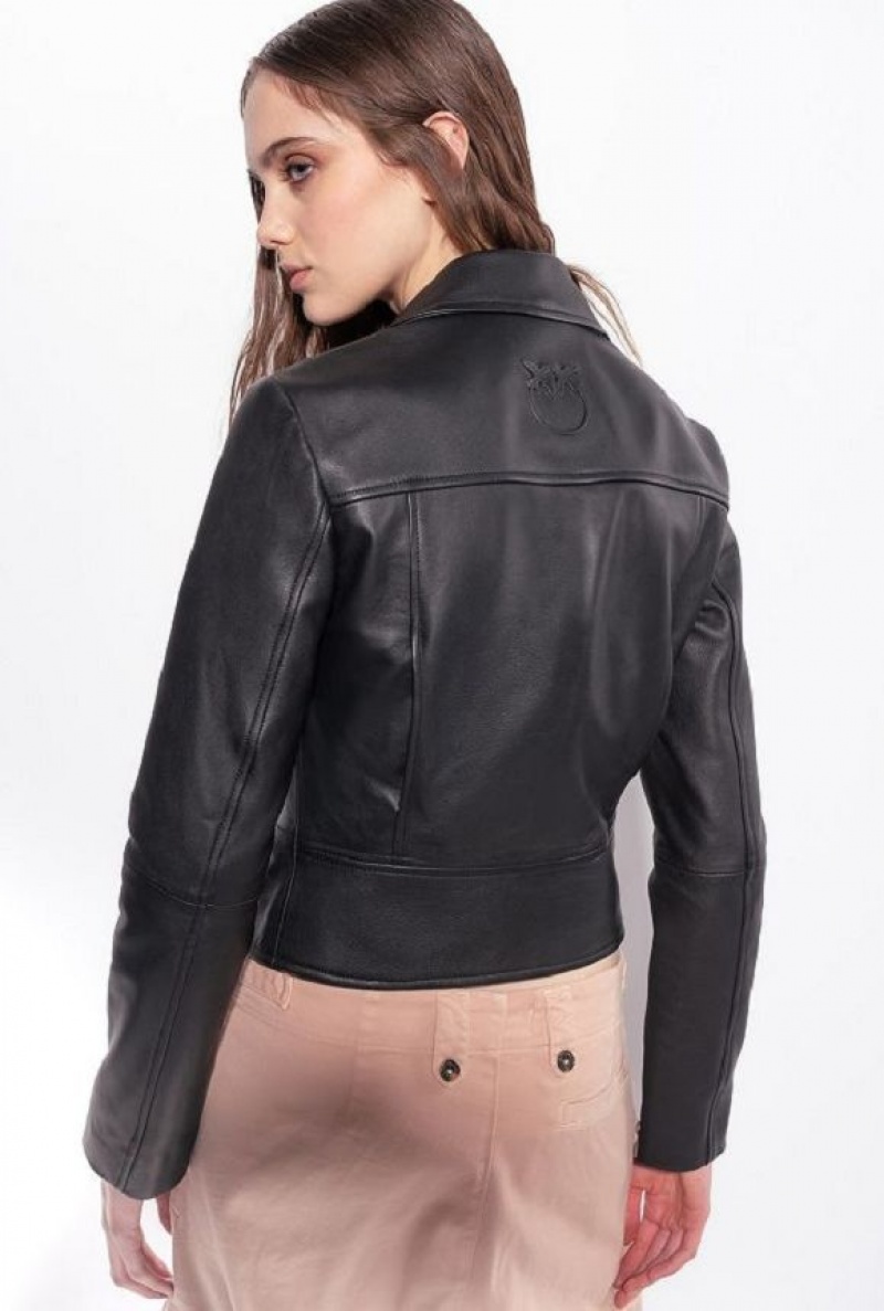 Pinko Nappa Læder Cyklistické Jacket Černé | SN-PKO33602