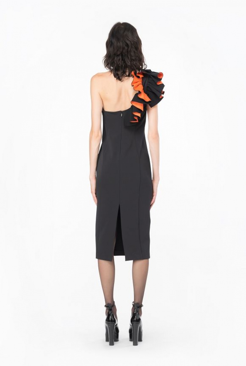 Pinko One-shoulder Calf-length Šaty With Ruching Černé Oranžové | SN-PKO33110