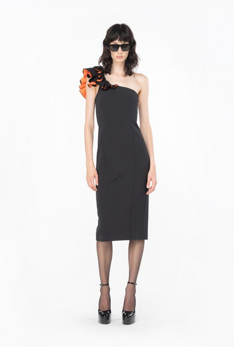 Pinko One-shoulder Calf-length Šaty With Ruching Černé Oranžové | SN-PKO33110