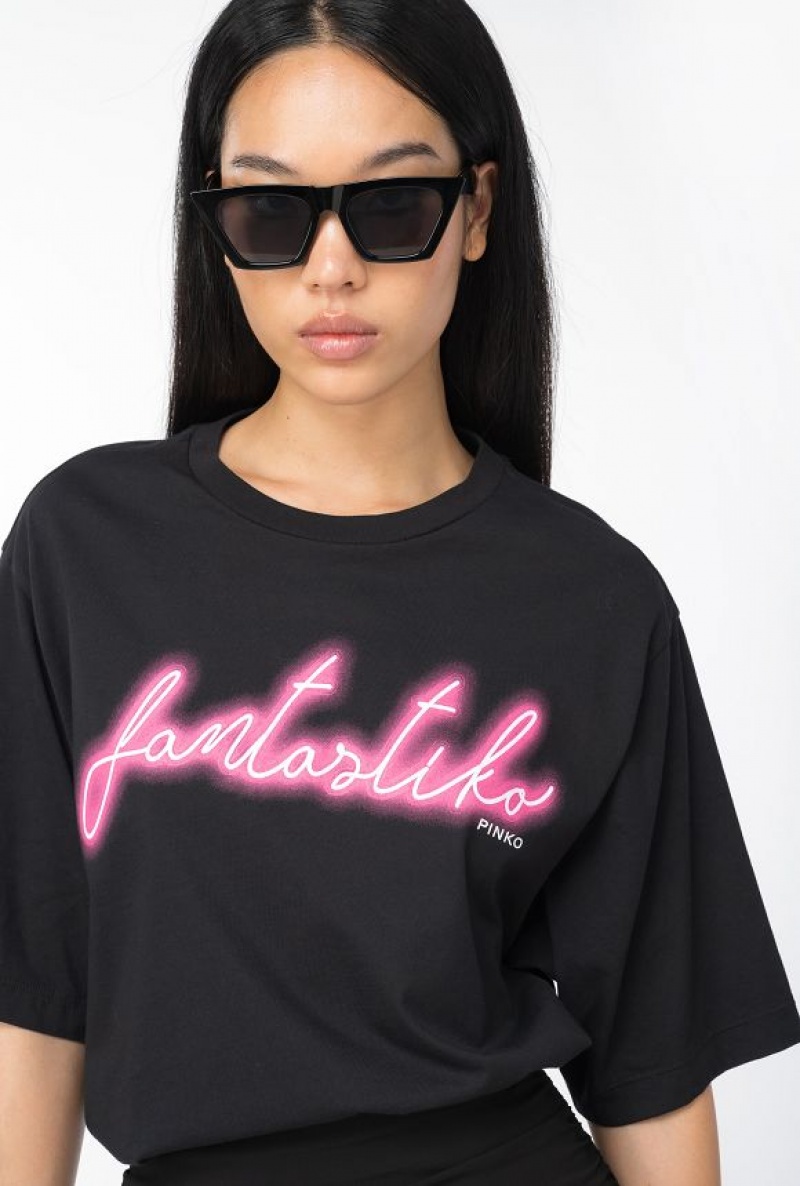 Pinko Oversized T-shirt With Fantastiko Print Černé Fuchsie | SN-PKO33360