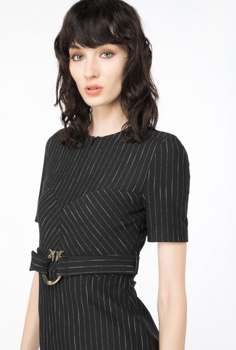 Pinko Pinstriped Mini Šaty With Belt Černé Béžový | SN-PKO33119