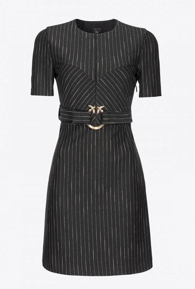 Pinko Pinstriped Mini Šaty With Belt Černé Béžový | SN-PKO33119