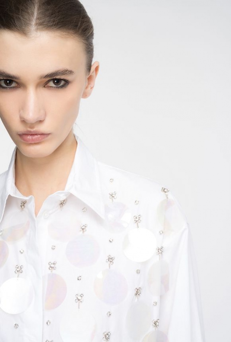 Pinko Poplin Shirt With Sequin Embroidery Bílé | SN-PKO33135