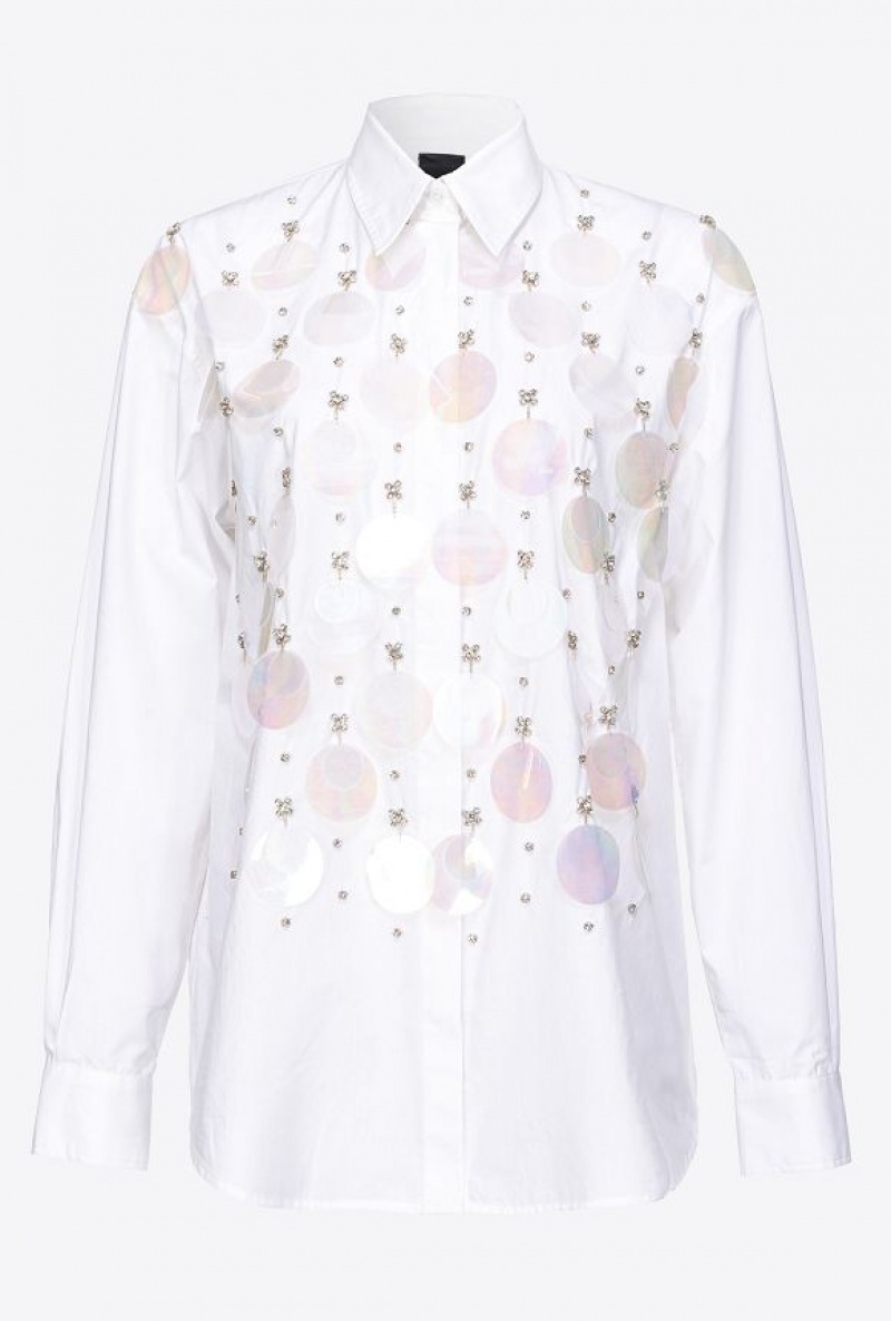 Pinko Poplin Shirt With Sequin Embroidery Bílé | SN-PKO33135