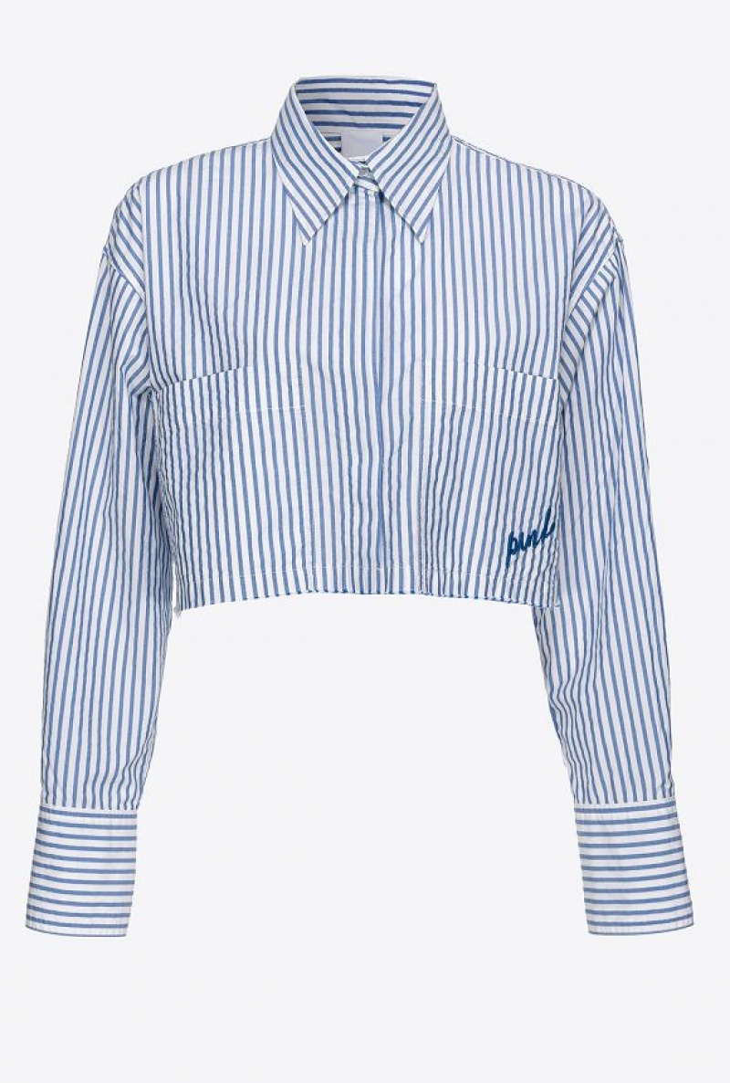 Pinko Pruhovaný Krátké Shirt Bílé Světle Blankyt | SN-PKO33134