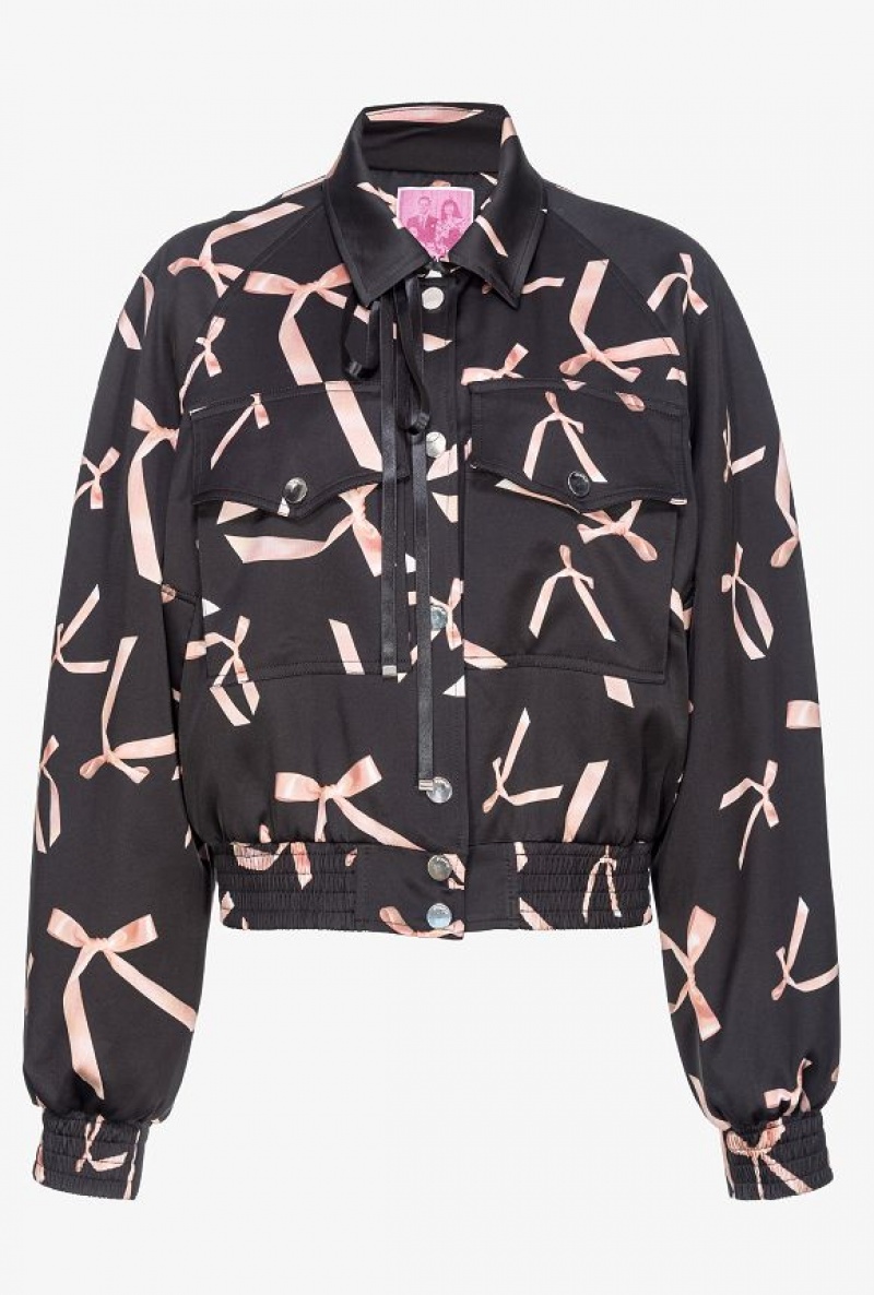 Pinko Reimagine Bow-print Satin Bomber Jacket By Patrick Mcdowell Černé Růžové | SN-PKO33578