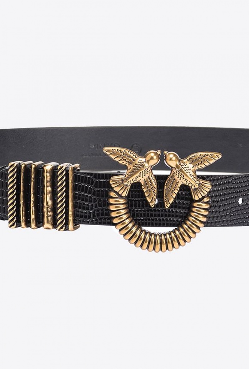 Pinko Reptile-print Belt With Twist 3cm Černé Zlaté | SN-PKO34222