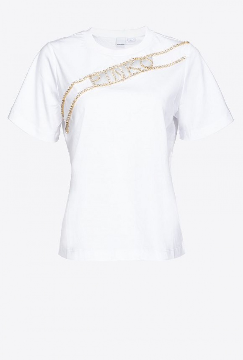 Pinko Rhinestone Logo T-shirt Bílé | SN-PKO33364