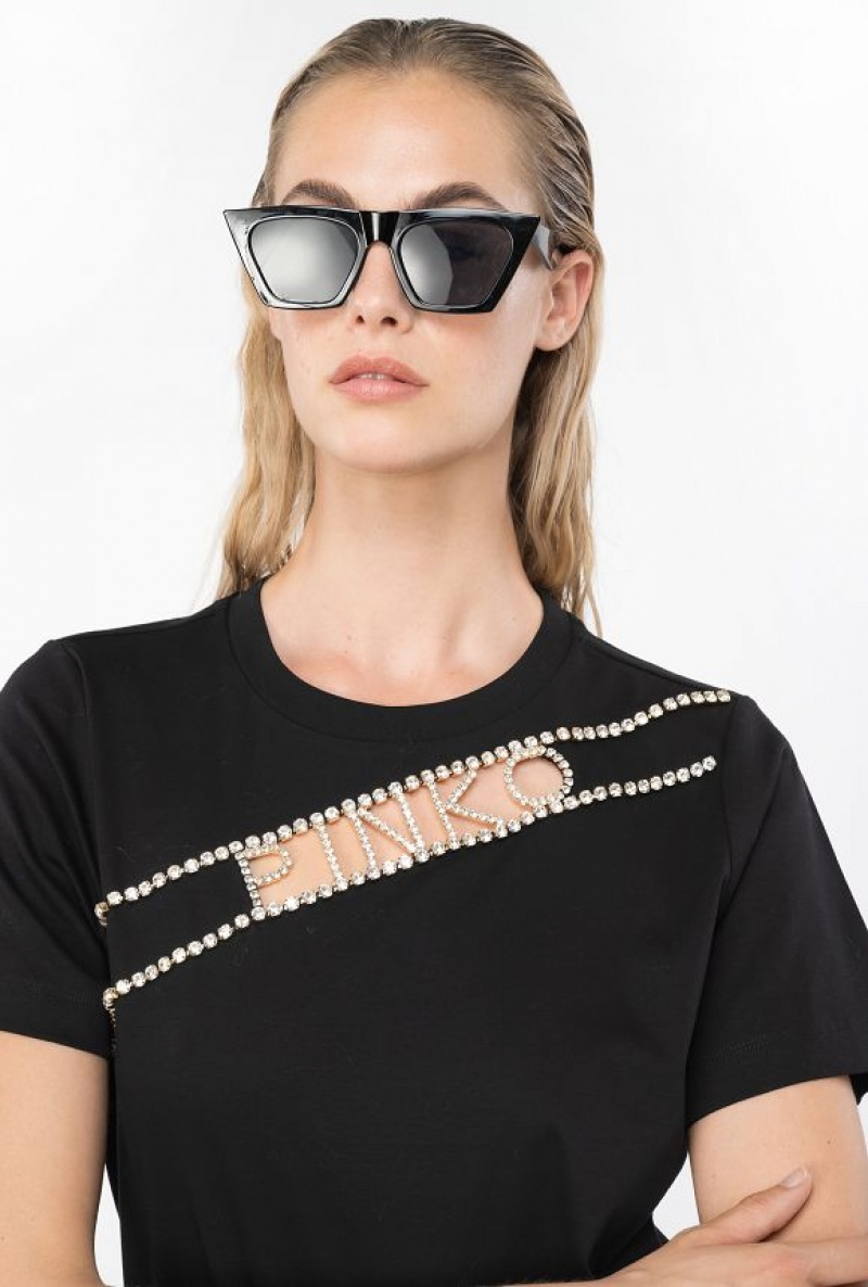 Pinko Rhinestone Logo T-shirt Černé | SN-PKO33365