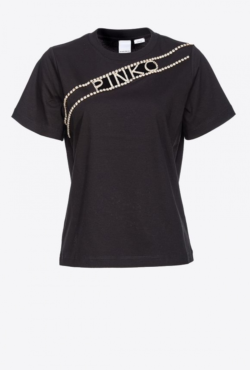 Pinko Rhinestone Logo T-shirt Černé | SN-PKO33365