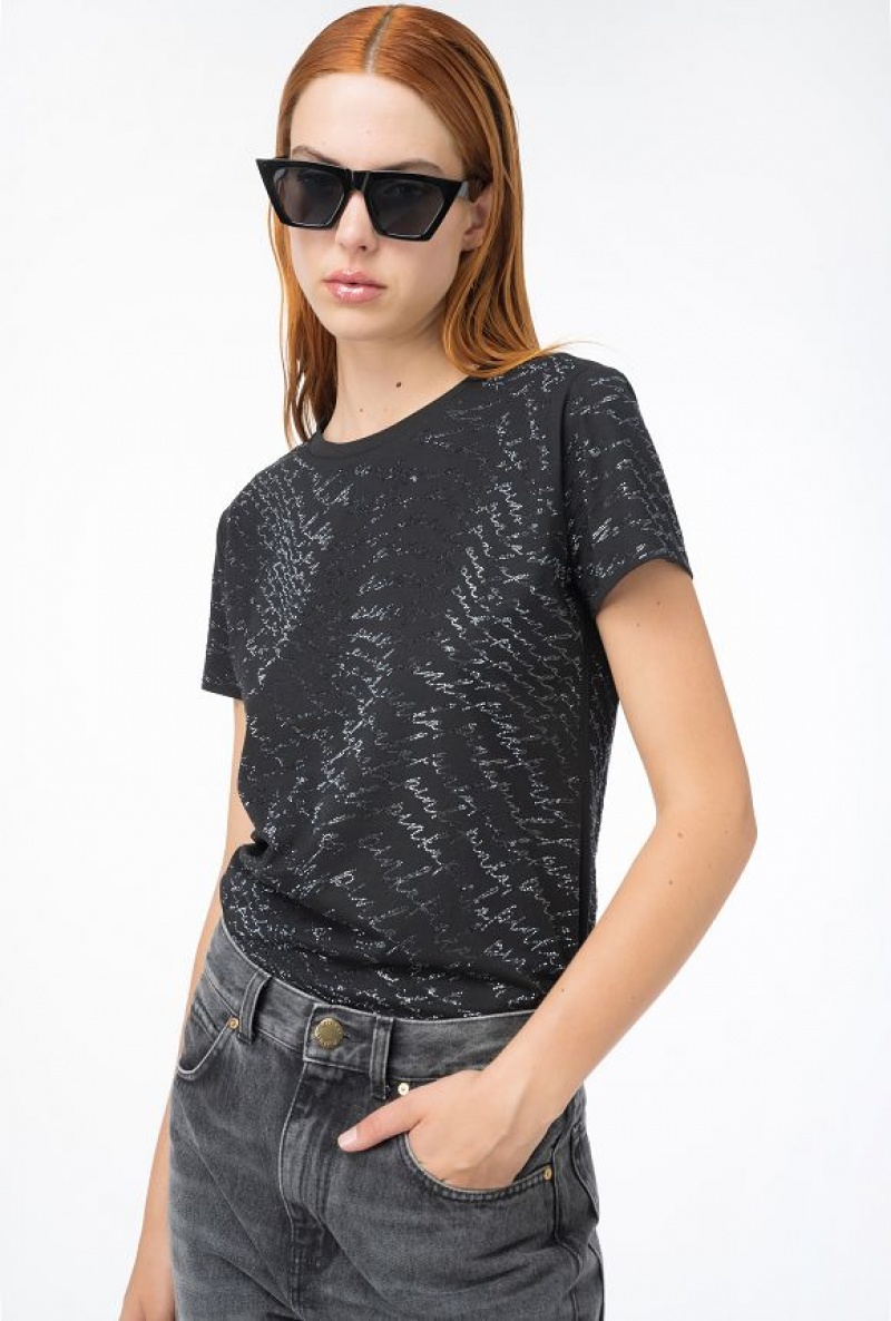 Pinko Rhinestoned T-shirt With Fluid Logo Černé | SN-PKO33369