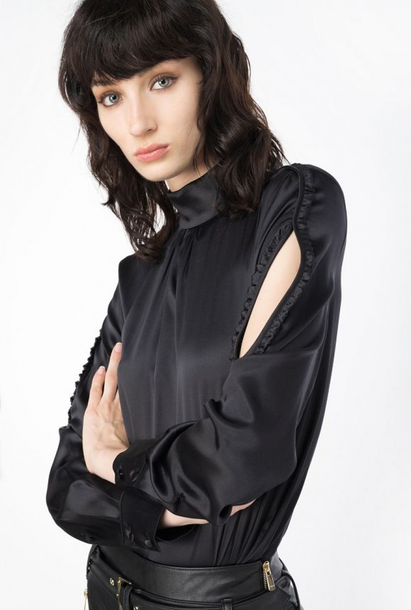 Pinko Satin Blouse With Mini Ruches Černé | SN-PKO33206