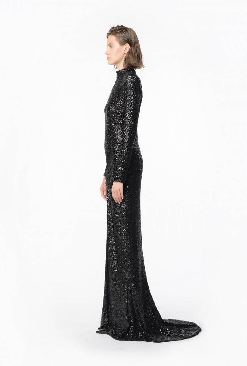 Pinko Sequinned Maxi Šaty With Open Back Černé | SN-PKO33093