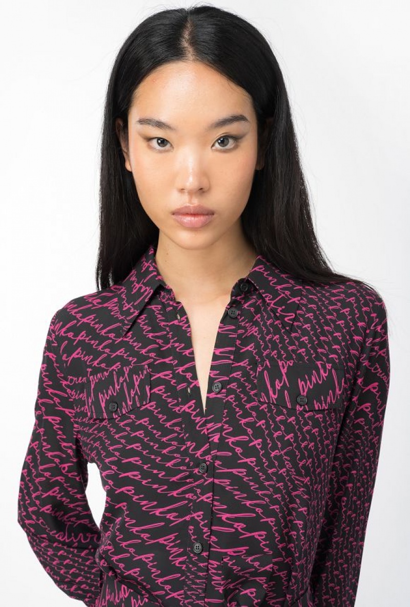 Pinko Shirt Šaty With Fluid Logo Print Černé Fuchsie | SN-PKO33015