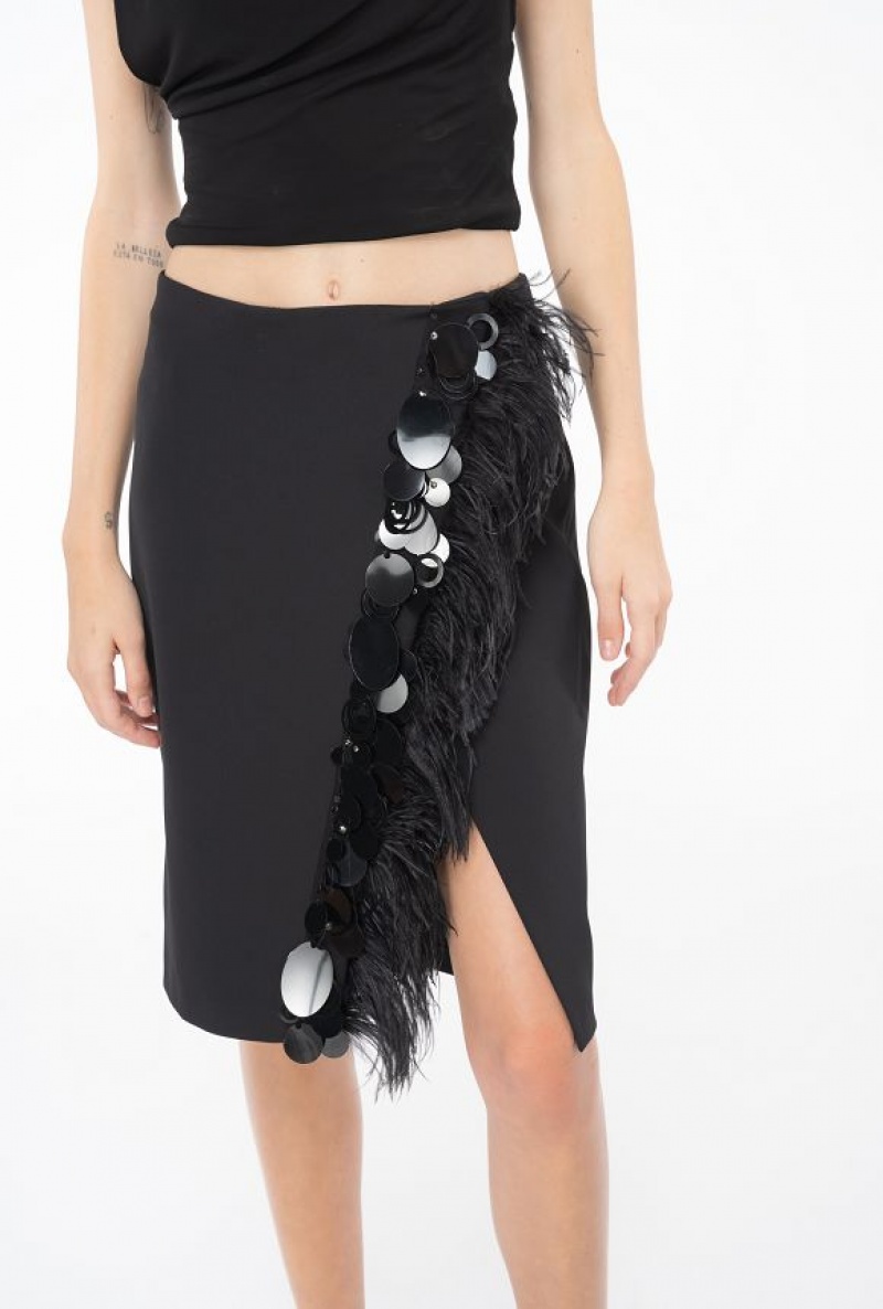 Pinko Skirt With Feathers And Sequins Černé | SN-PKO34041