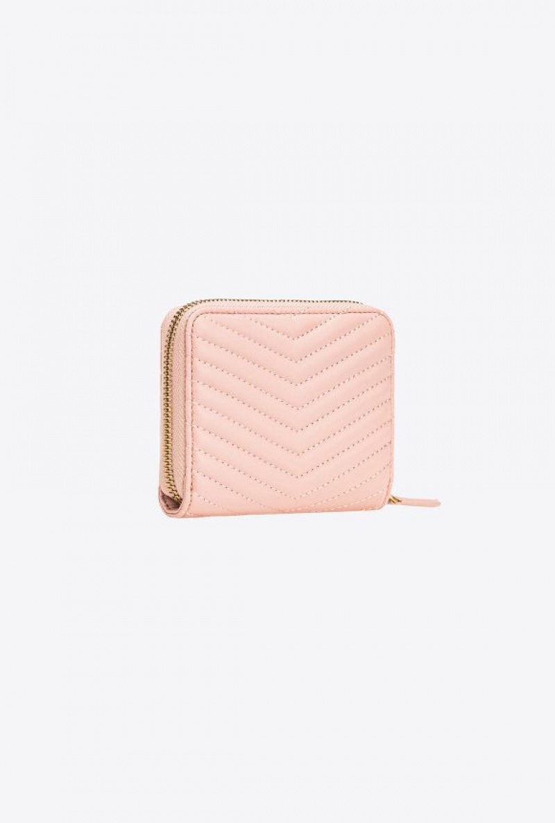 Pinko Square Zip-around Wallet In Chevron-patterned Nappa Læder Růžové Růžové Zlaté | SN-PKO34335