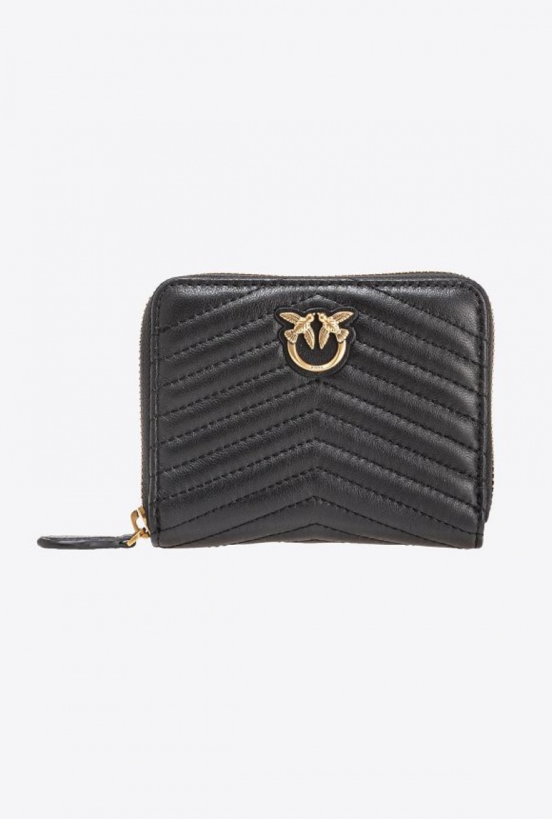 Pinko Square Zip-around Wallet In Chevron-patterned Nappa Læder Černé Zlaté | SN-PKO34336