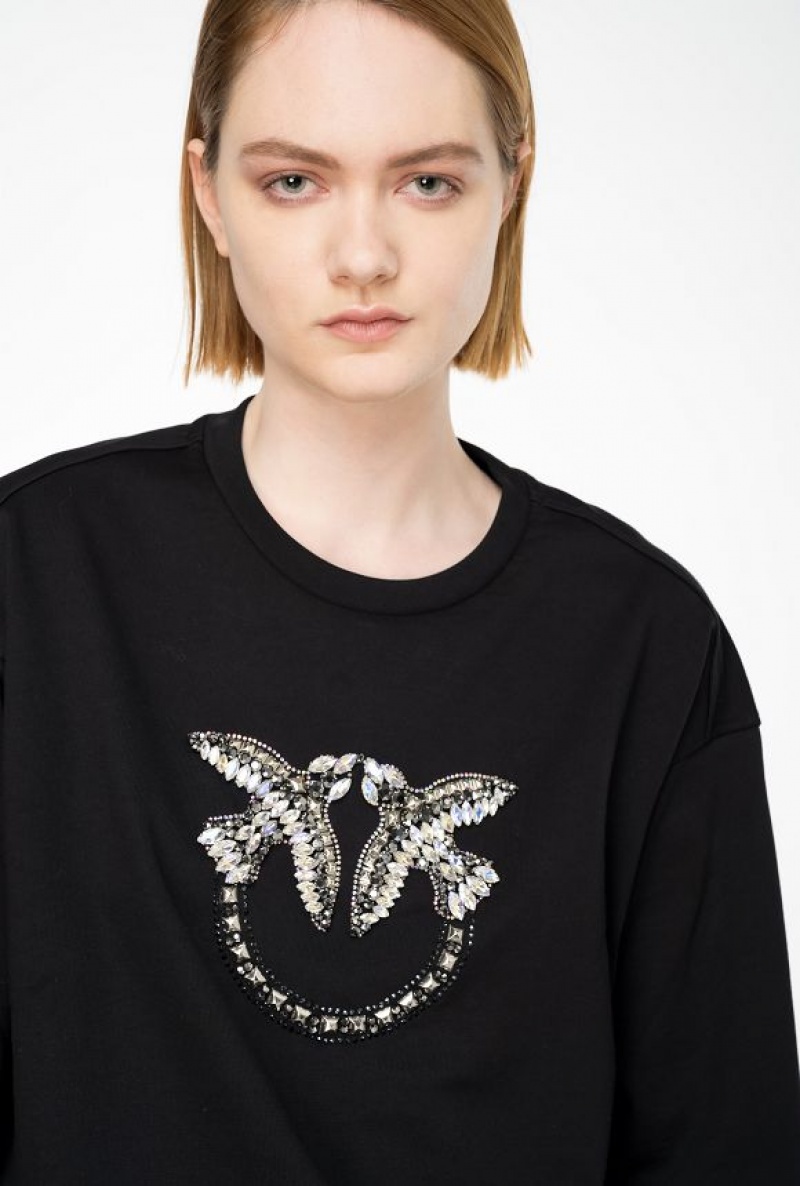 Pinko Sweatshirt With Love Birds Embroidery Černé | SN-PKO33406