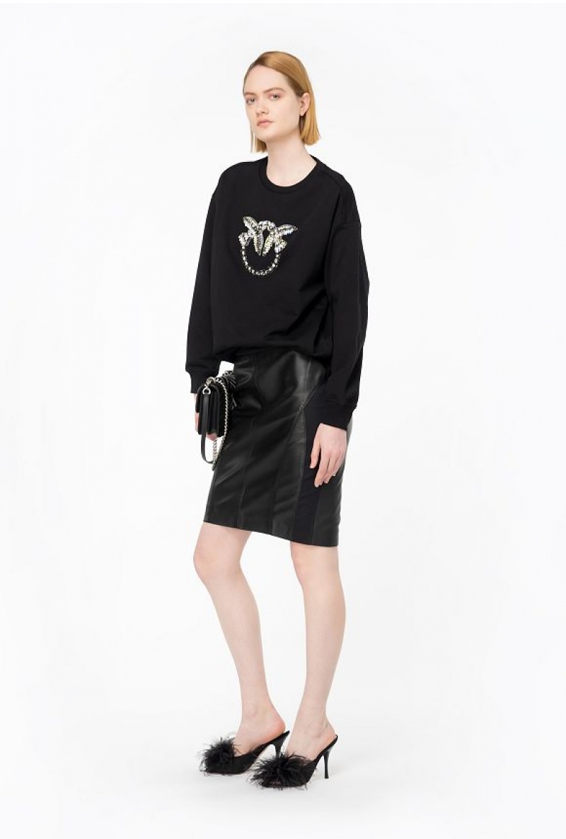 Pinko Sweatshirt With Love Birds Embroidery Černé | SN-PKO33406