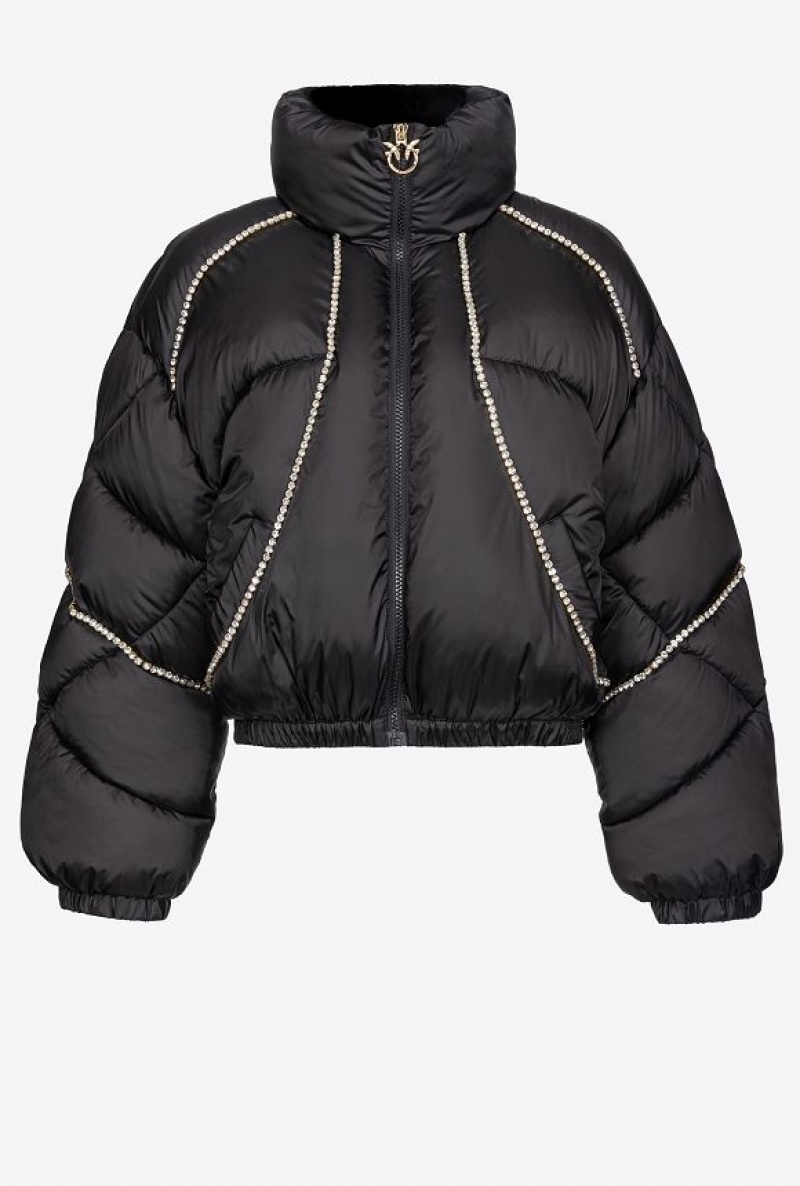 Pinko Technical Satin Down Jacket With Crystals Černé | SN-PKO33637