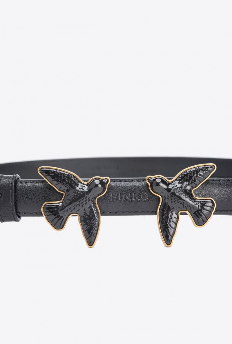 Pinko Thin Belt With Coated Love Birds 2cm Černé | SN-PKO34214